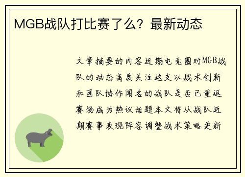 MGB战队打比赛了么？最新动态