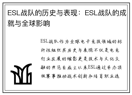 ESL战队的历史与表现：ESL战队的成就与全球影响